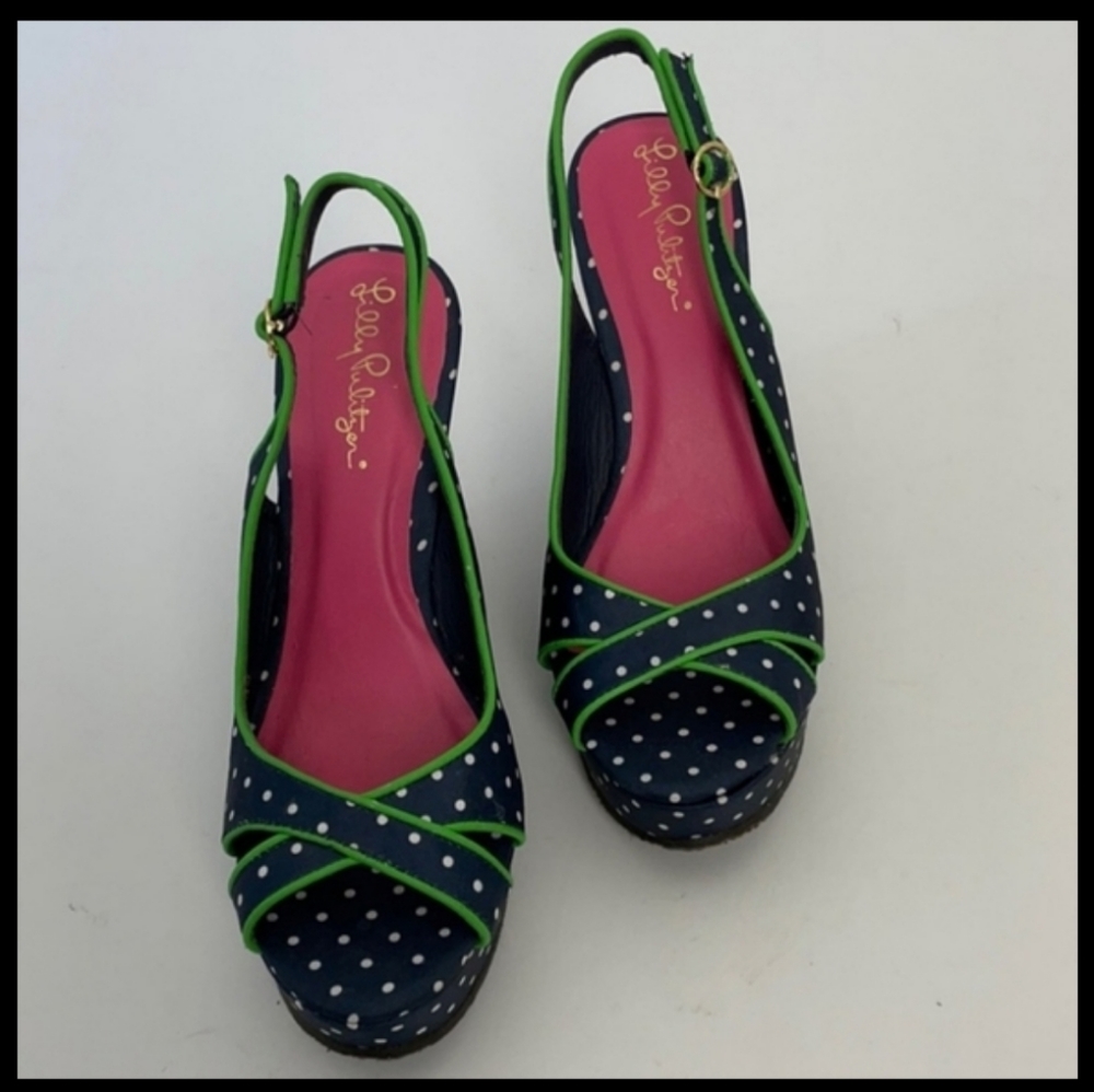 Lilly Pulitzer blue navy with green trim white polka dot wedge sandals 6…